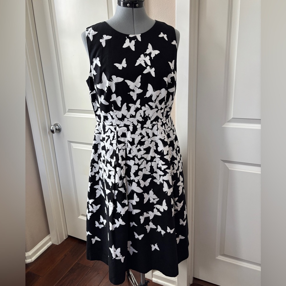 Talbots Sleeveless Fit & Flare Butterfly Dress, Black & White, Size 8